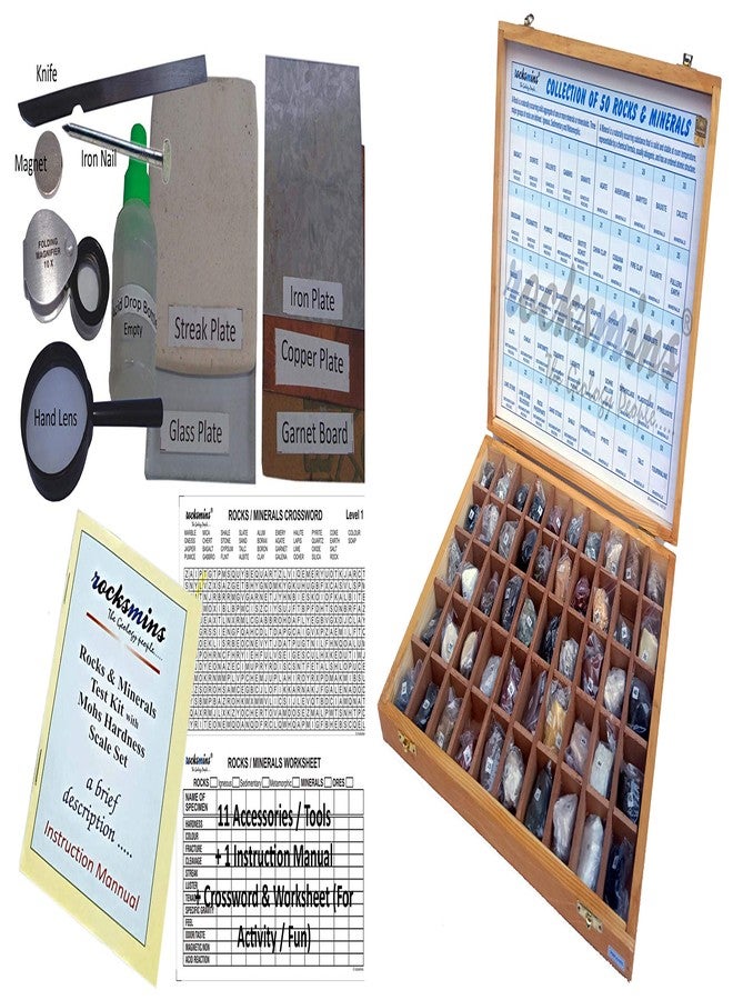 Rocksmins Collection of 50 Large Rocks & Minerals Specimen Activity Kit with 11 Accessories 1 Instruction Manual Crossword/Worksheet in Wooden Box for Students of School College Education Rock Mineral - Image 1